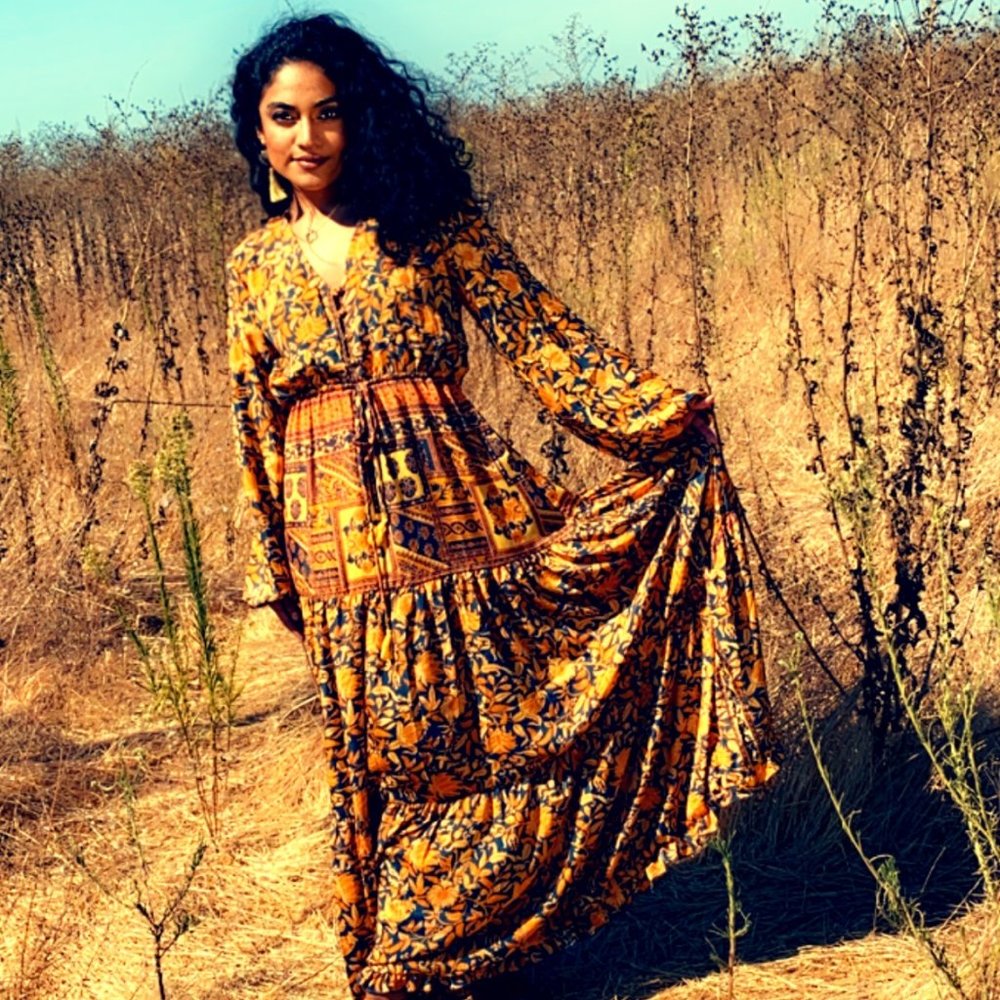 BOHEMIAN LONG SLEEVE BUTTON FRONT MAXI DRESS